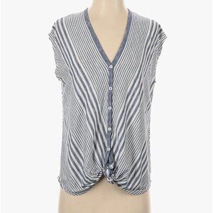 Max Studio Womens Striped Blouse Blue Short Sleeve Button Up Tie Front Large